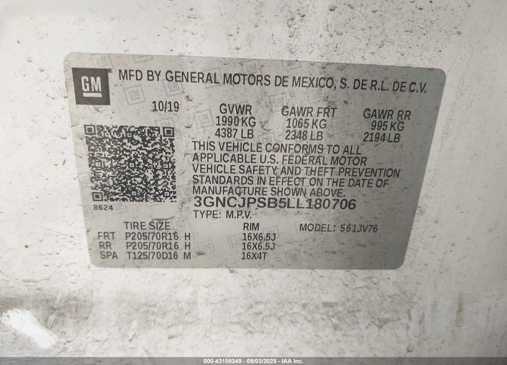 2020 CHEVROLET TRAX 1LT VIN: 3GNCJPSB5LL180706