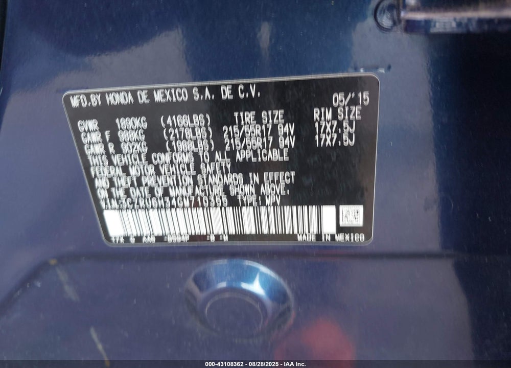 2016 HONDA HR-V LX VIN: 3CZRU6H34GM710355