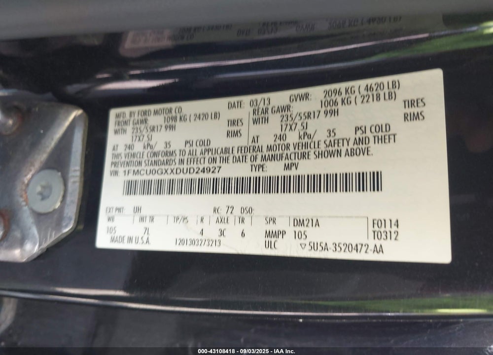2013 FORD ESCAPE SE VIN: 1FMCU0GXXDUD24927