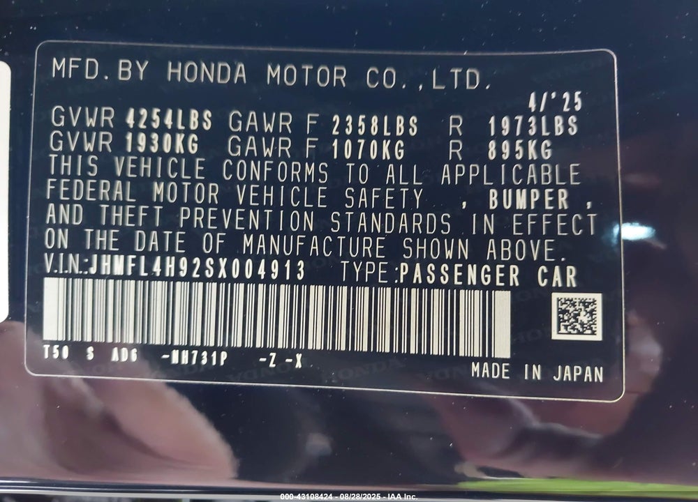 2025 HONDA CIVIC HYBRID VIN: JHMFL4H92SX004913