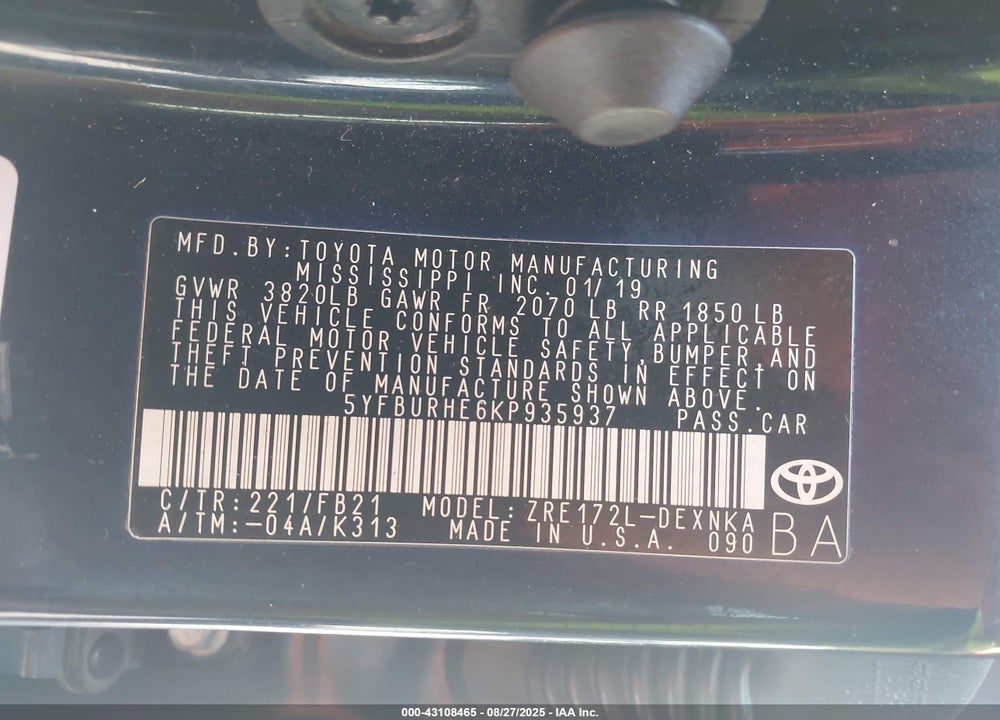 2019 TOYOTA COROLLA LE VIN: 5YFBURHE6KP935937
