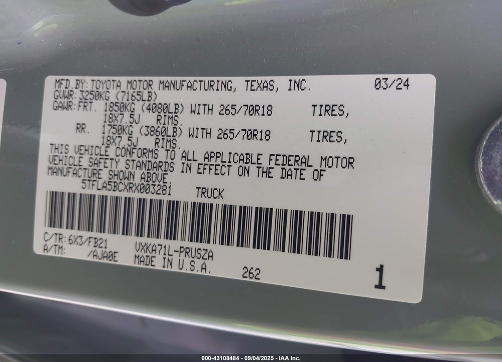 2024 TOYOTA TUNDRA VIN: 5TFLA5BCXRX003281