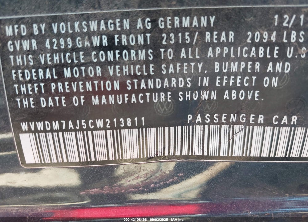 2012 VOLKSWAGEN GOLF VIN: WVWDM7AJ5CW213811