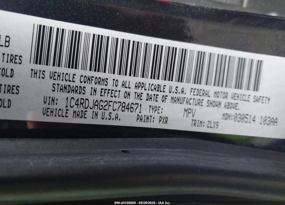 2015 DODGE DURANGO VIN: 1C4RDJAG2FC784671