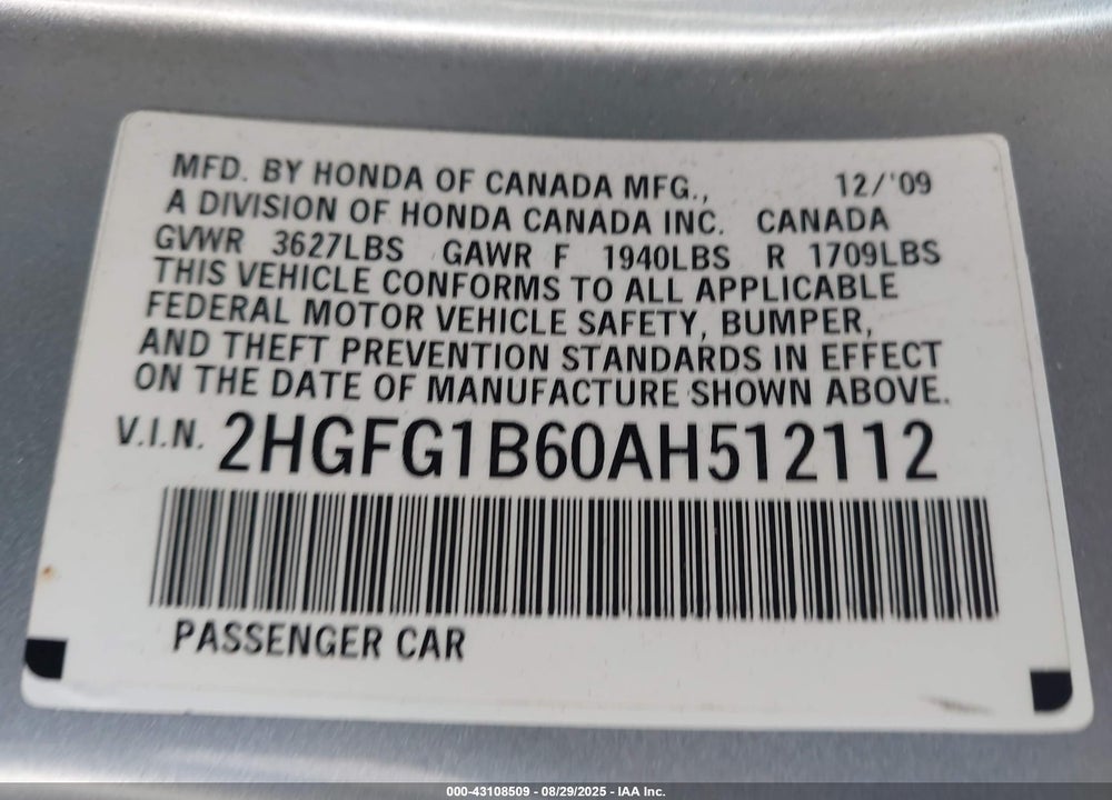 2010 HONDA CIVIC VIN: 2HGFG1B60AH512112