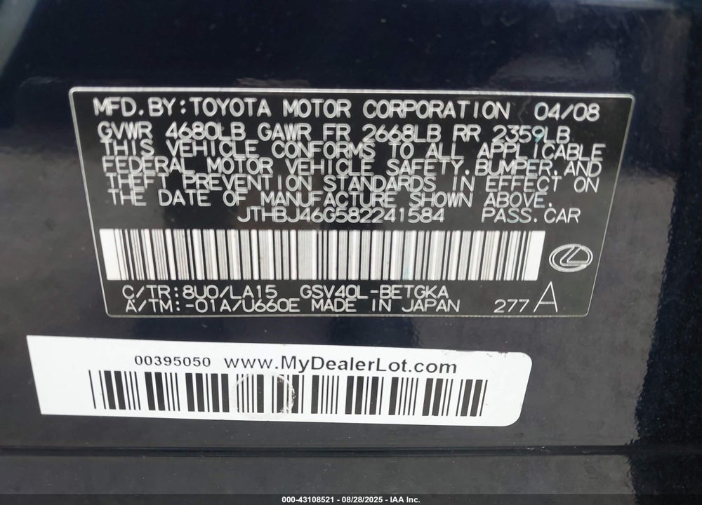 2008 LEXUS ES 350 VIN: JTHBJ46G582241584