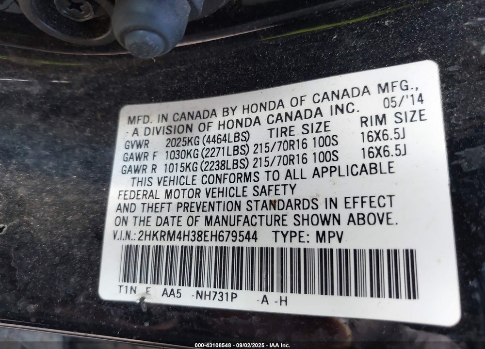 2014 HONDA CR-V VIN: 2HKRM4H38EH679544