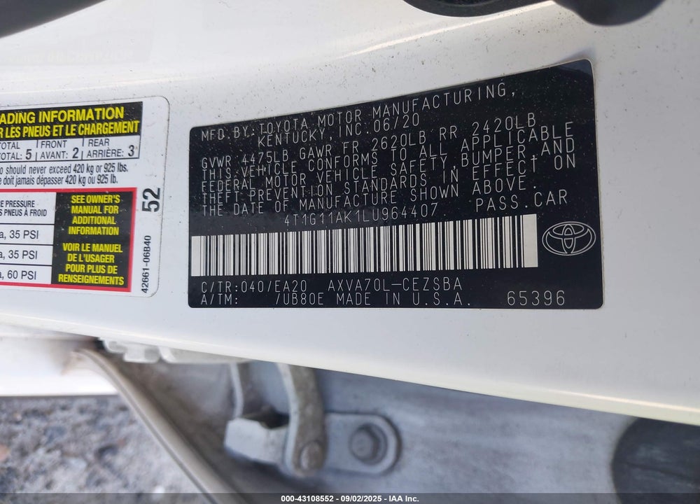 2020 TOYOTA CAMRY VIN: 4T1G11AK1LU964407