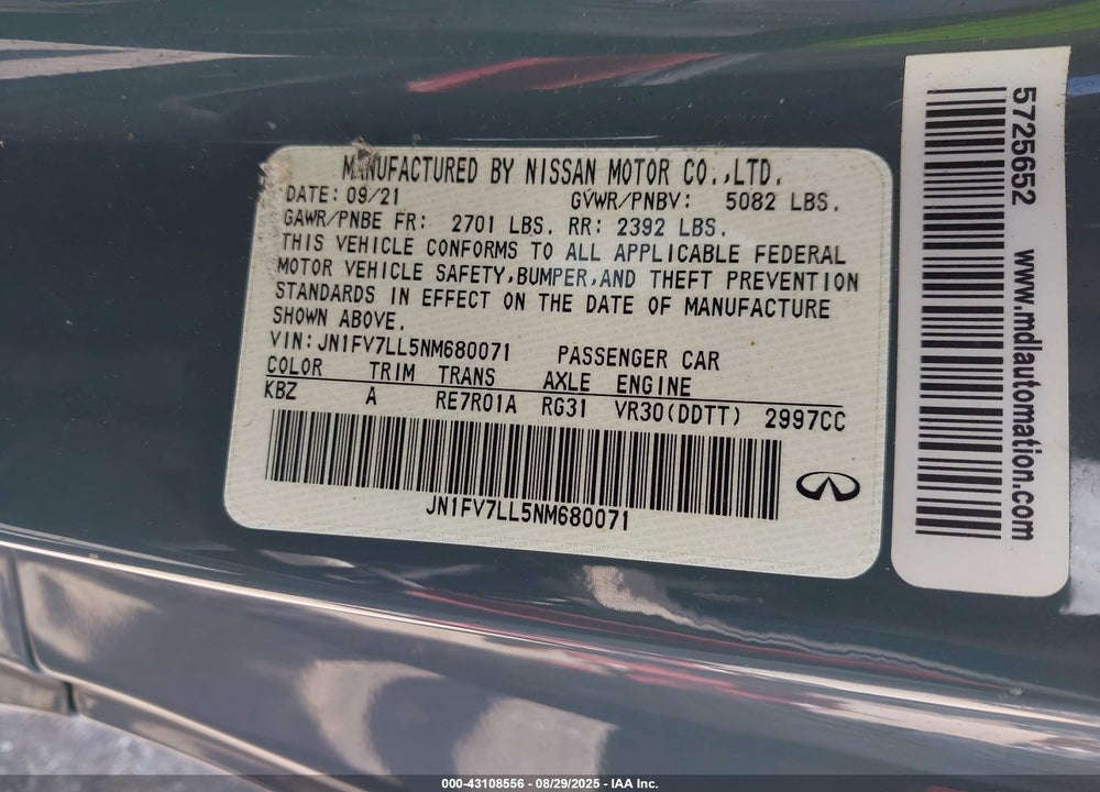 2022 INFINITI Q60 VIN: JN1FV7LL5NM680071