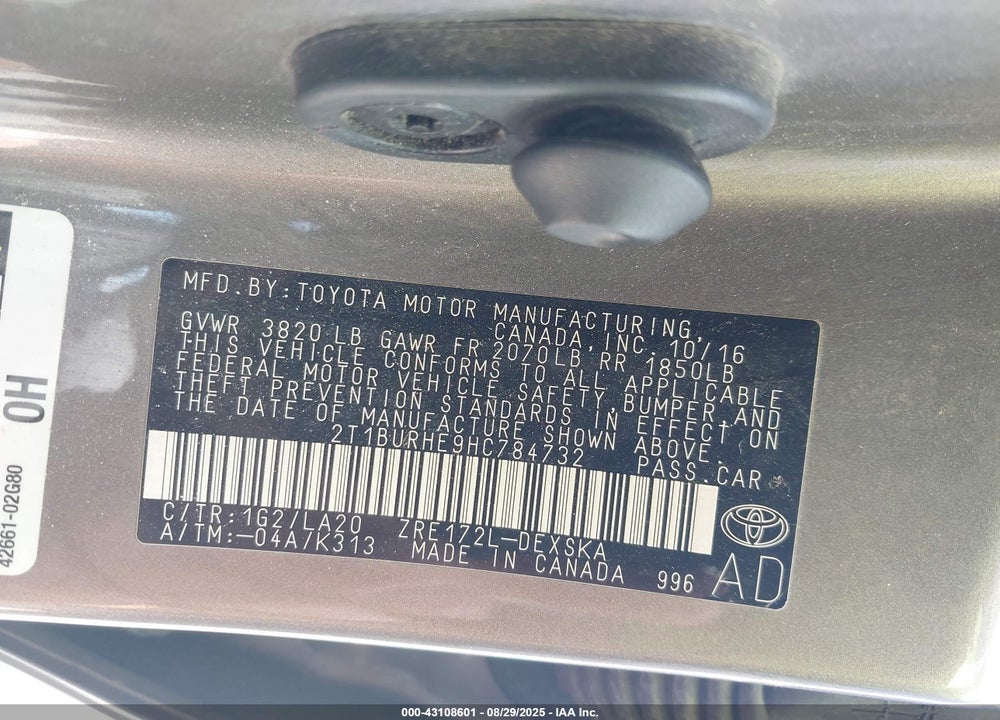 2017 TOYOTA COROLLA VIN: 2T1BURHE9HC784732