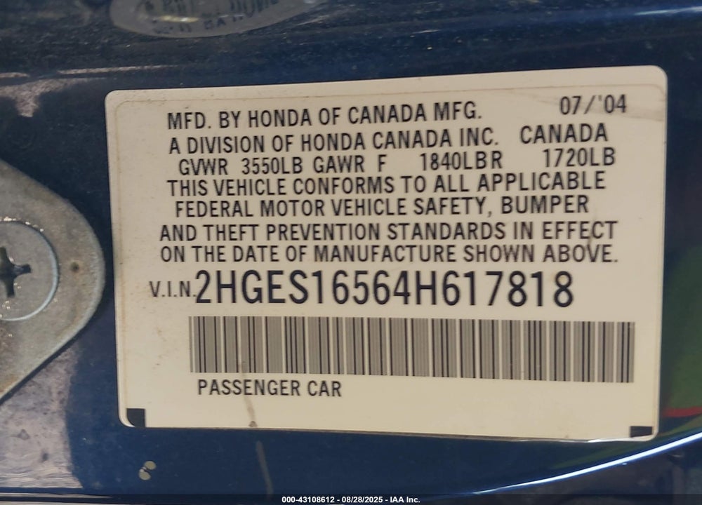 2004 HONDA CIVIC LX VIN: 2HGES16564H617818