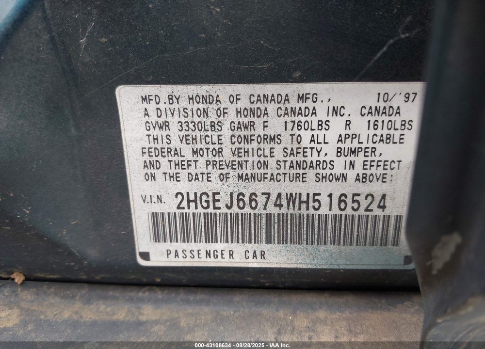 1998 HONDA CIVIC LX VIN: 2HGEJ6674WH516524