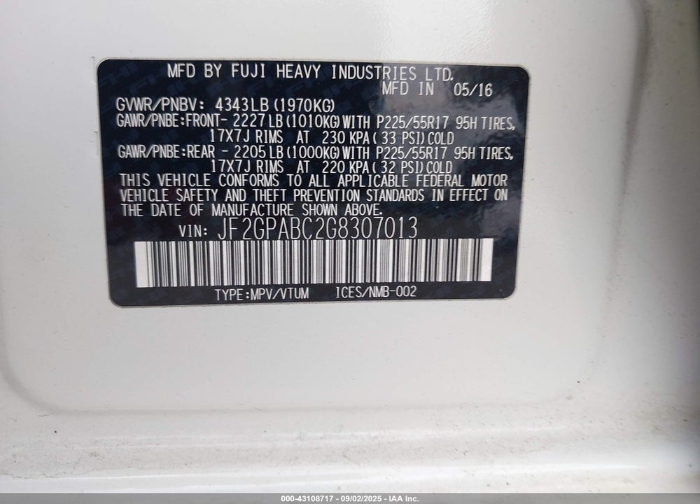 2016 SUBARU CROSSTREK VIN: JF2GPABC2G8307013