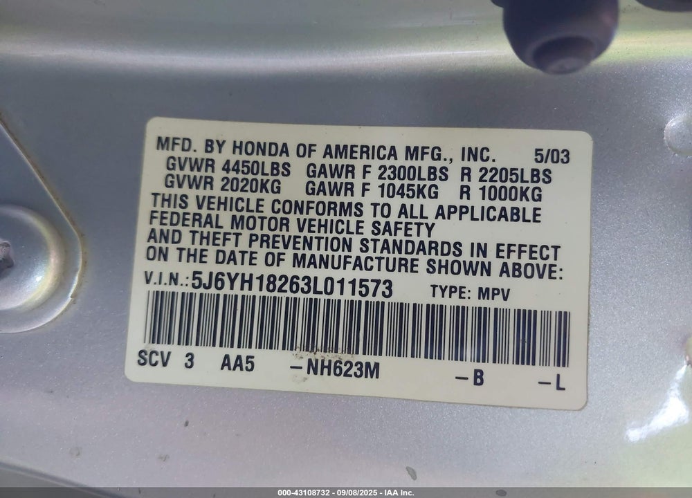 2003 HONDA ELEMENT DX VIN: 5J6YH18263L011573