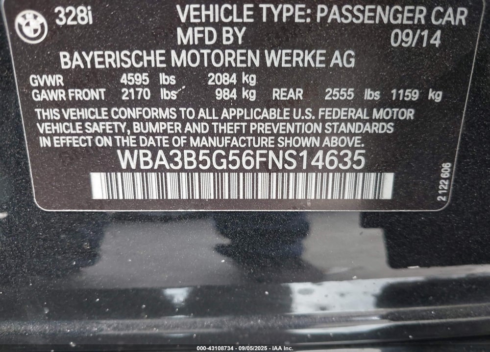 2015 BMW 328I XDRIVE VIN: WBA3B5G56FNS14635