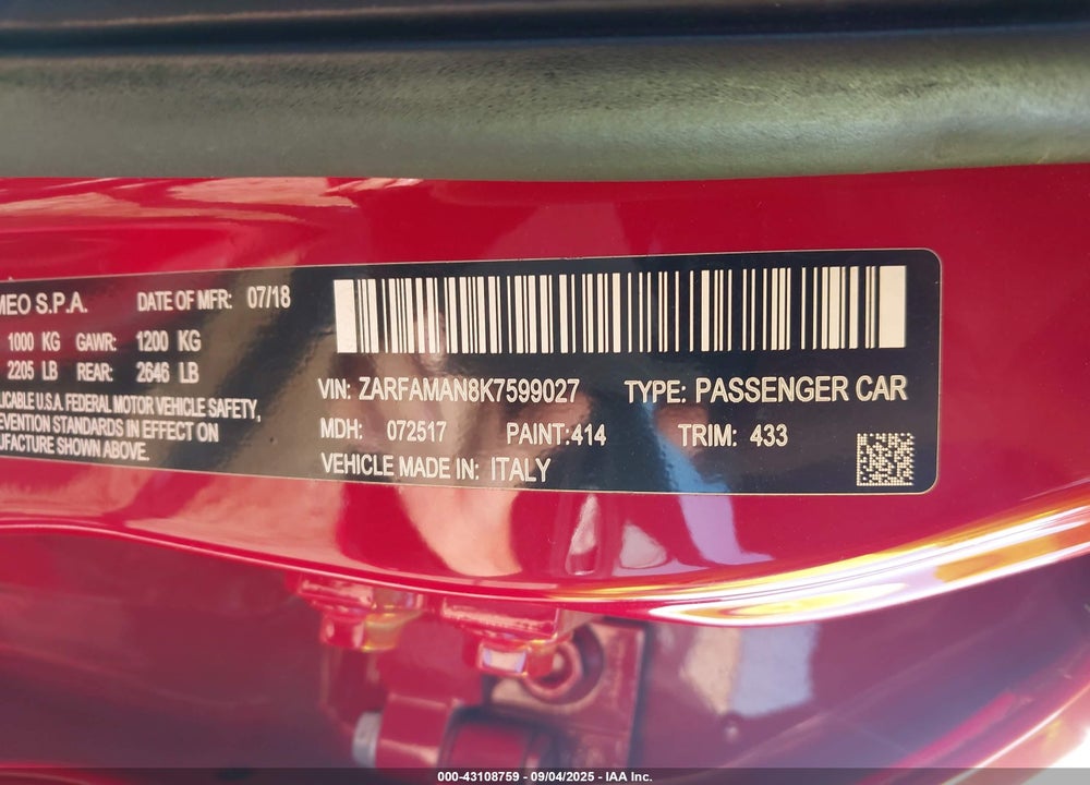 2019 ALFA ROMEO GIULIA RWD VIN: ZARFAMAN8K7599027