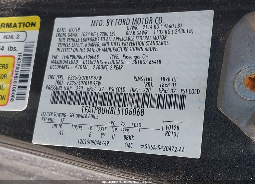 2020 FORD MUSTANG ECOBOOST PREMIUM VIN: 1FATP8UH8L5106068