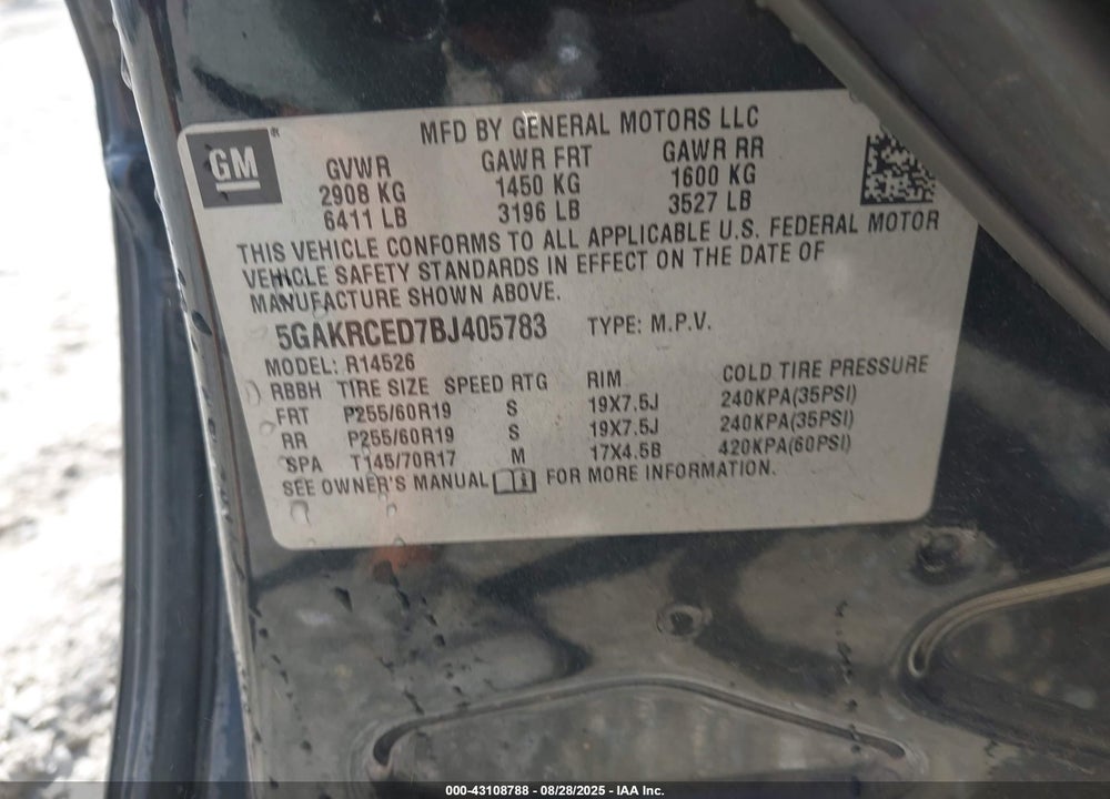 2011 BUICK ENCLAVE VIN: 5GAKRCED7BJ405783