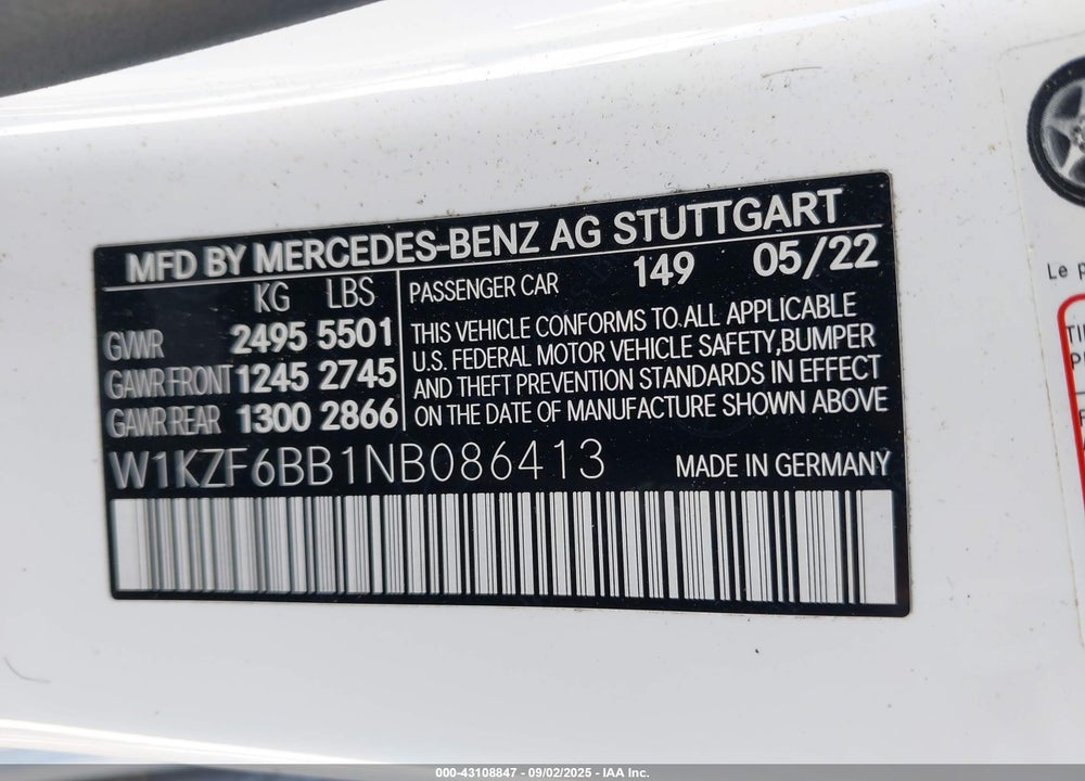 2022 MERCEDES-BENZ E-CLASS VIN: W1KZF6BB1NB086413