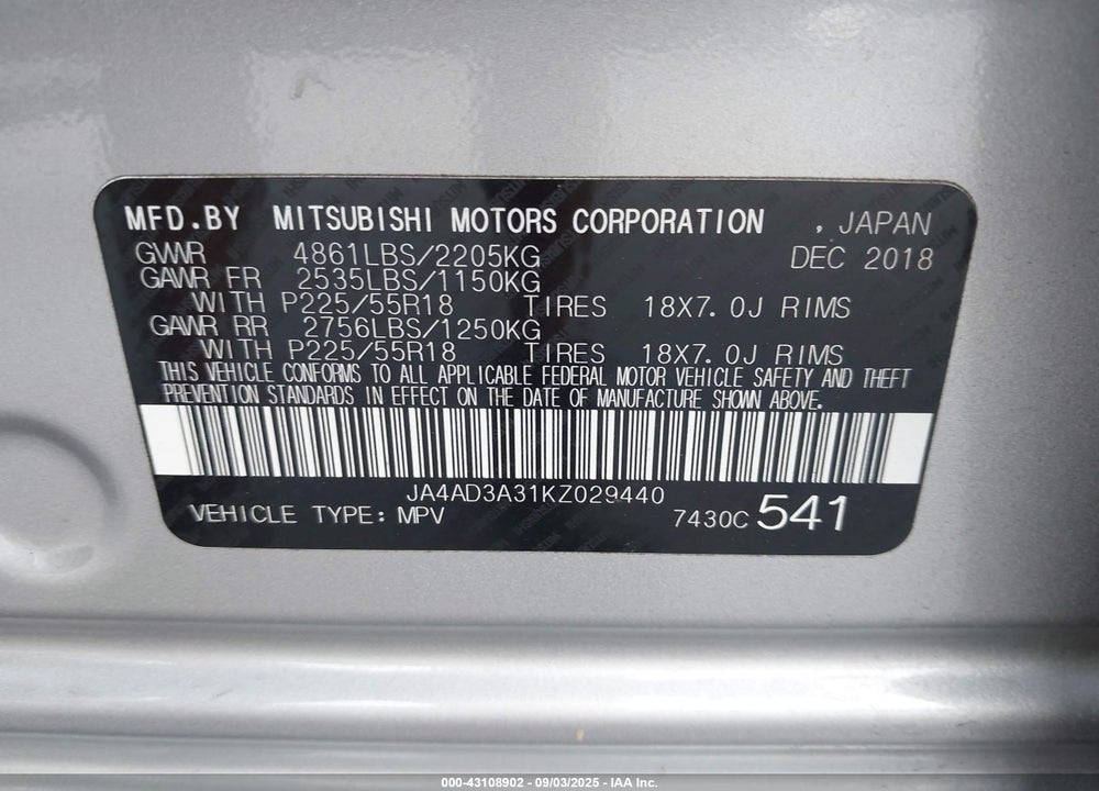 2019 MITSUBISHI OUTLANDER VIN: JA4AD3A31KZ029440