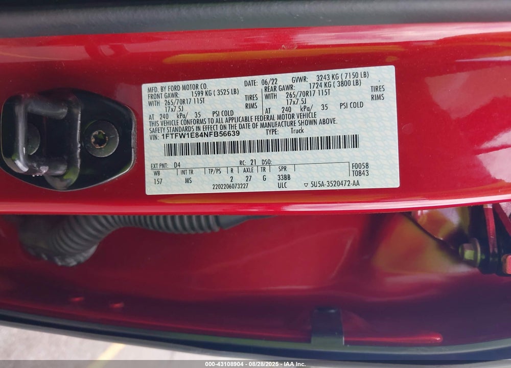 2022 FORD F-150 VIN: 1FTFW1E84NFB56639