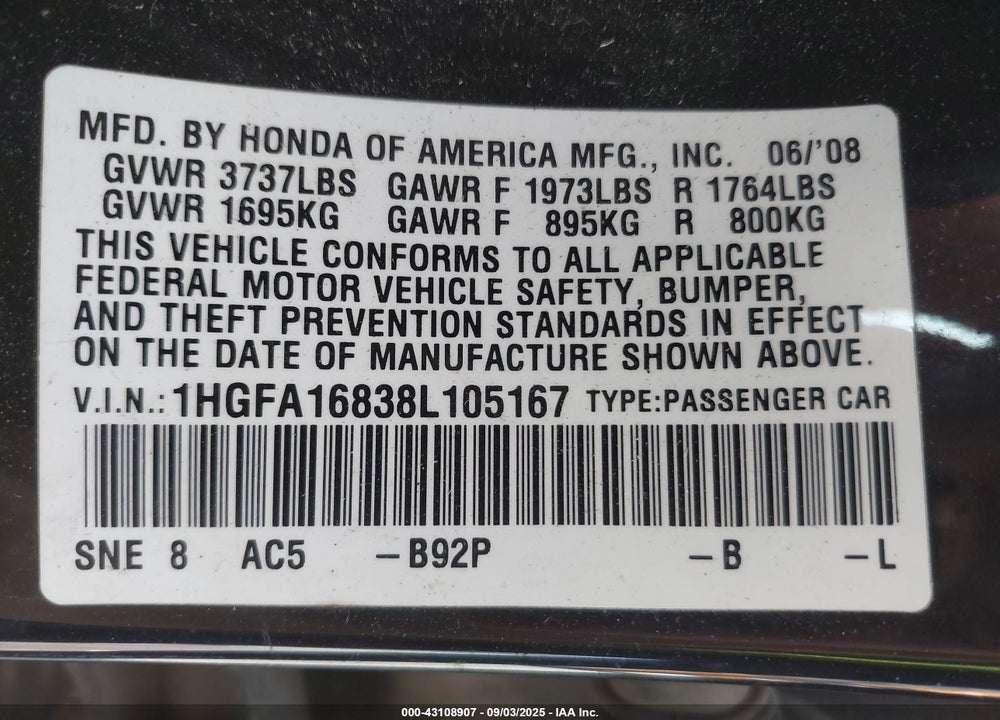 2008 HONDA CIVIC EX VIN: 1HGFA16838L105167