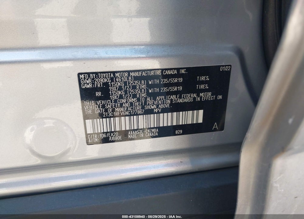 2022 TOYOTA RAV4 XLE PREMIUM VIN: 2T3C1RFV6NC177867