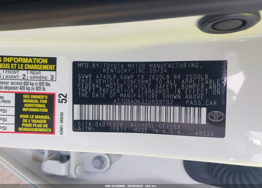 2025 TOYOTA CAMRY VIN: 4T1DBADK3SU009702