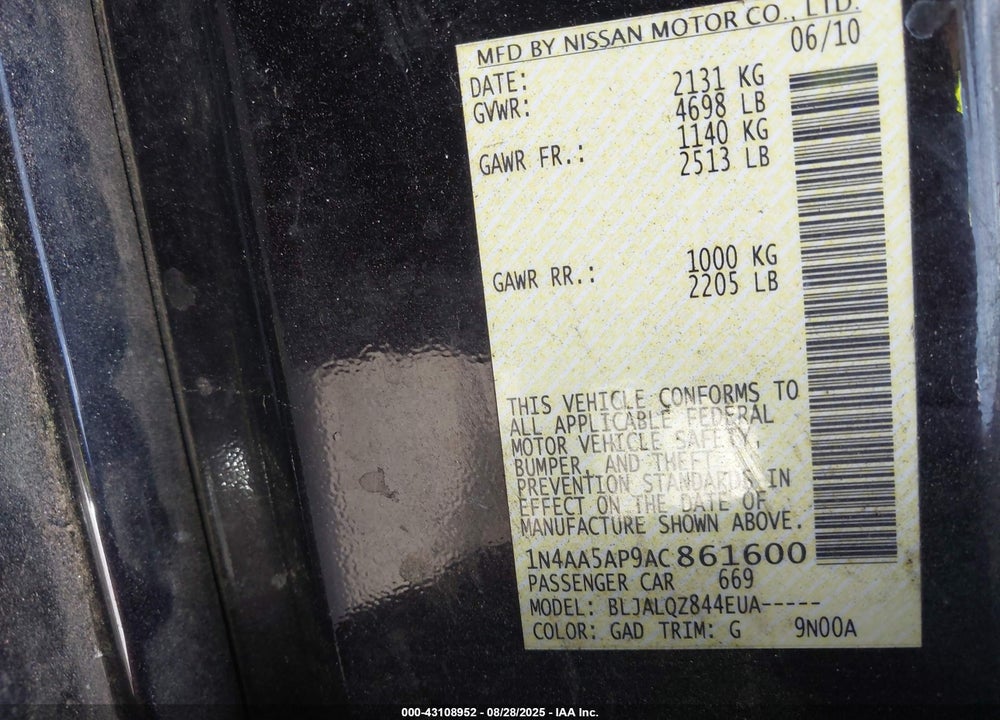 2010 NISSAN MAXIMA VIN: 1N4AA5AP9AC861600