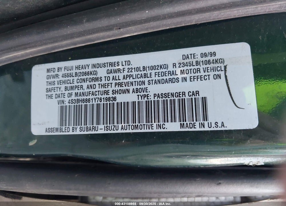 2000 SUBARU OUTBACK VIN: 4S3BH6861Y7619836