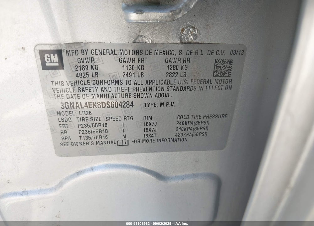 2013 CHEVROLET CAPTIVA SPORT VIN: 3GNAL4EK8DS604284
