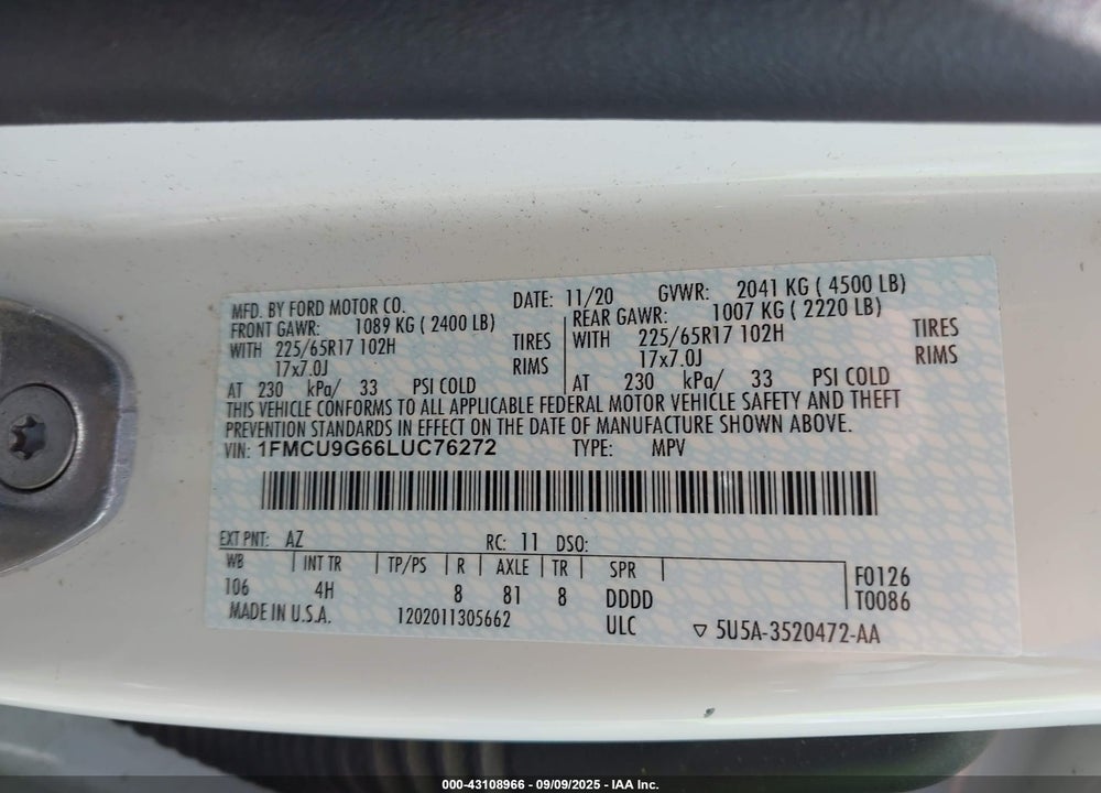 2020 FORD ESCAPE SE VIN: 1FMCU9G66LUC76272