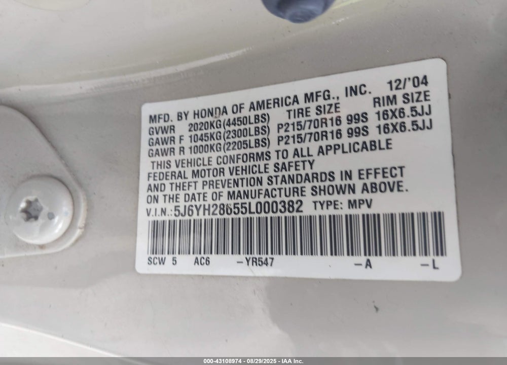 2005 HONDA ELEMENT EX VIN: 5J6YH28655L000382
