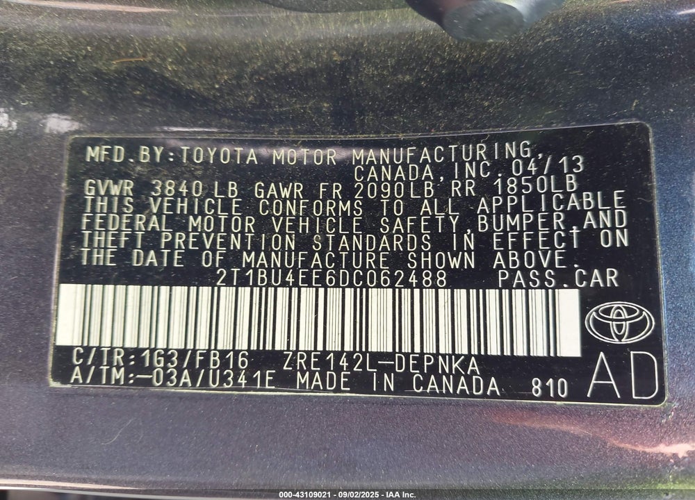 2013 TOYOTA COROLLA VIN: 2T1BU4EE6DC062488