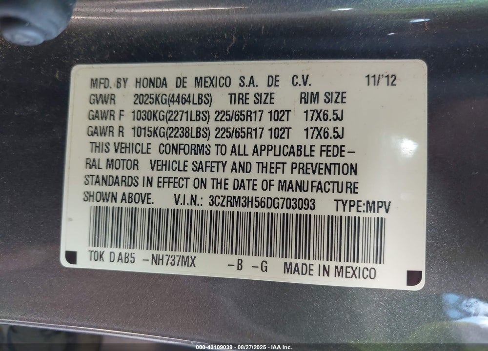 2013 HONDA CR-V VIN: 3CZRM3H56DG703093