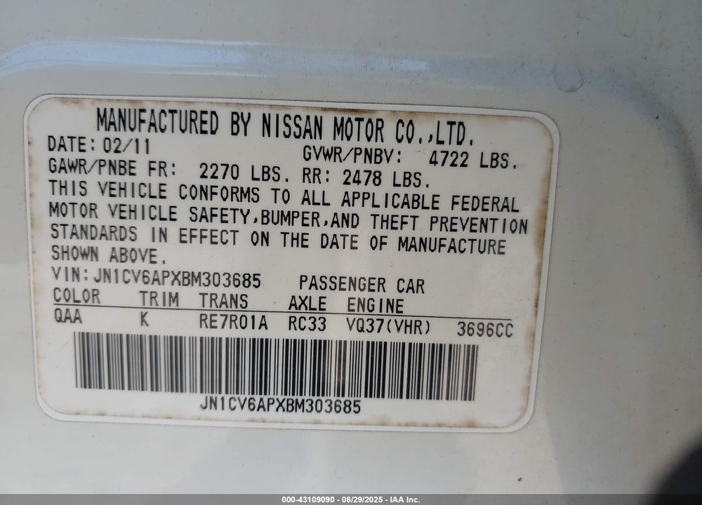 2011 INFINITI G37 VIN: JN1CV6APXBM303685