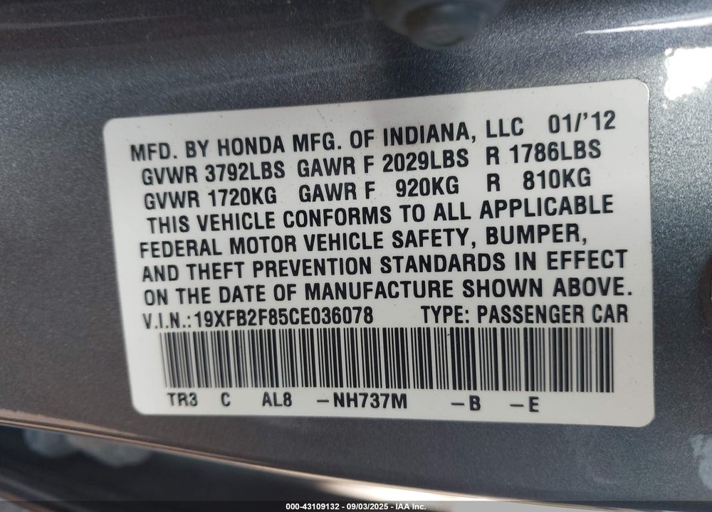 2012 HONDA CIVIC VIN: 19XFB2F85CE036078