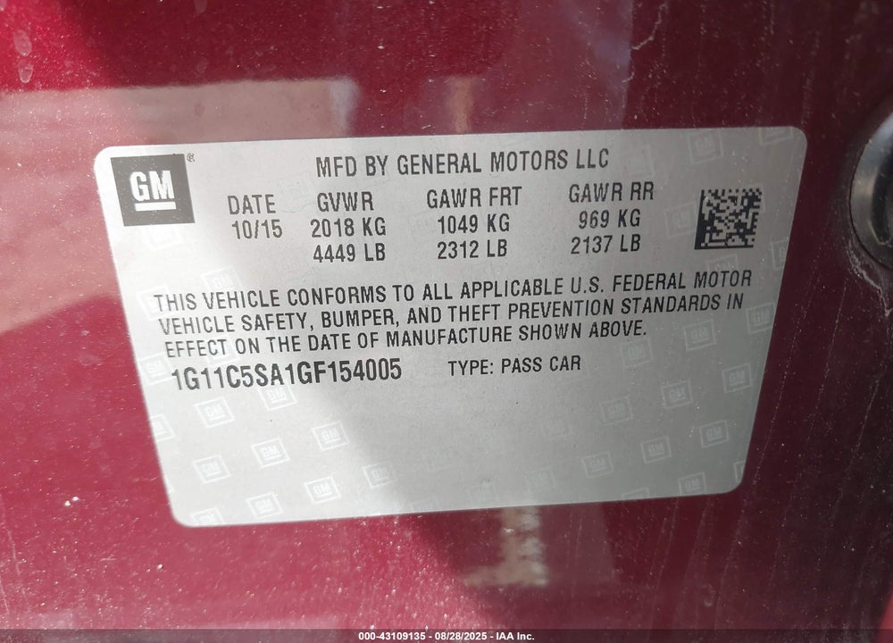 2016 CHEVROLET MALIBU LIMITED VIN: 1G11C5SA1GF154005