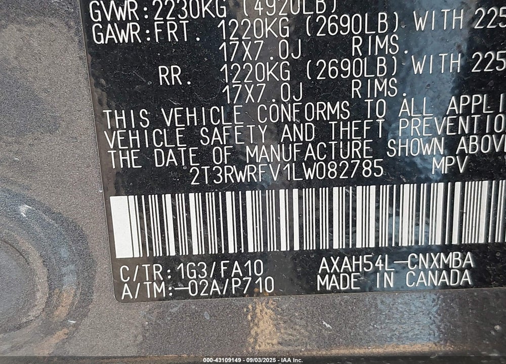2020 TOYOTA RAV4 HYBRID VIN: 2T3RWRFV1LW082785