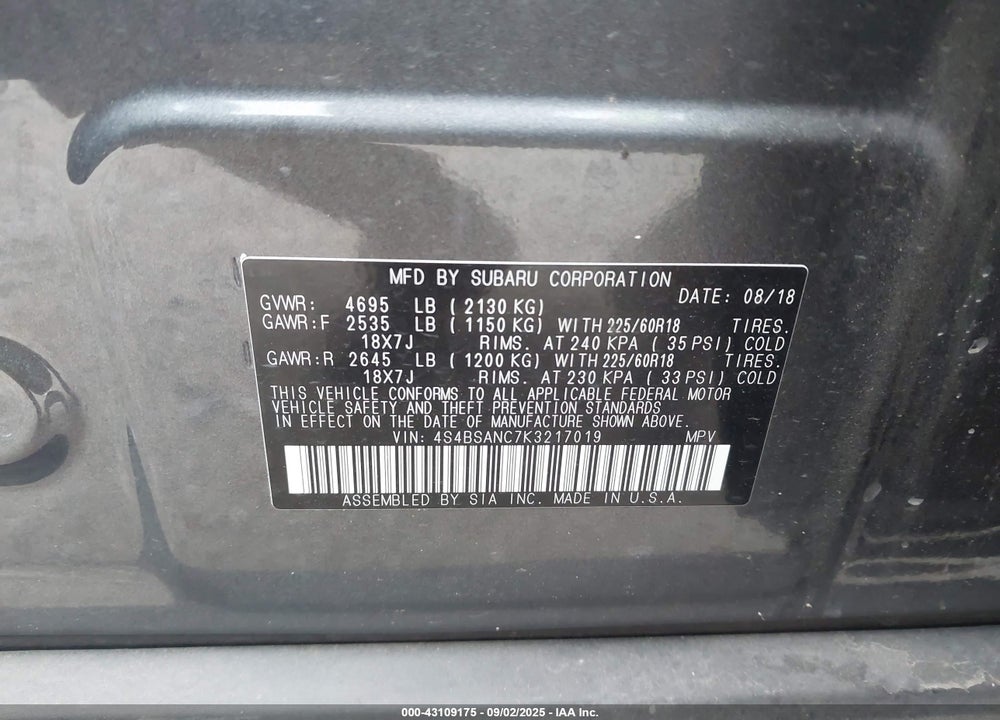 2019 SUBARU OUTBACK VIN: 4S4BSANC7K3217019