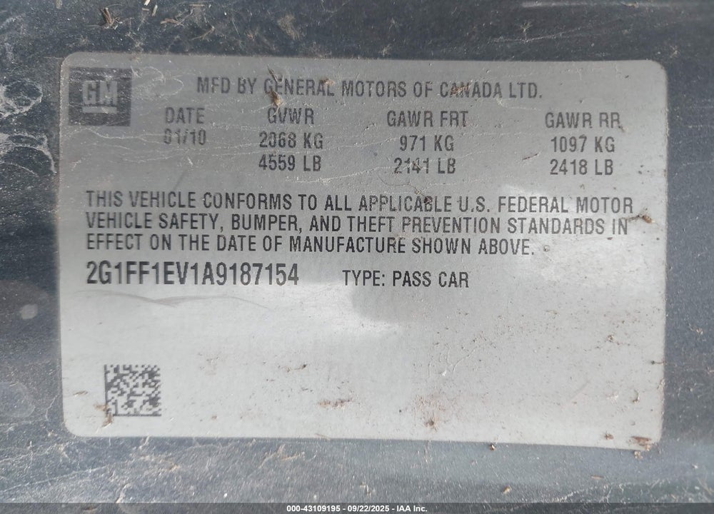 2010 CHEVROLET CAMARO VIN: 2G1FF1EV1A9187154