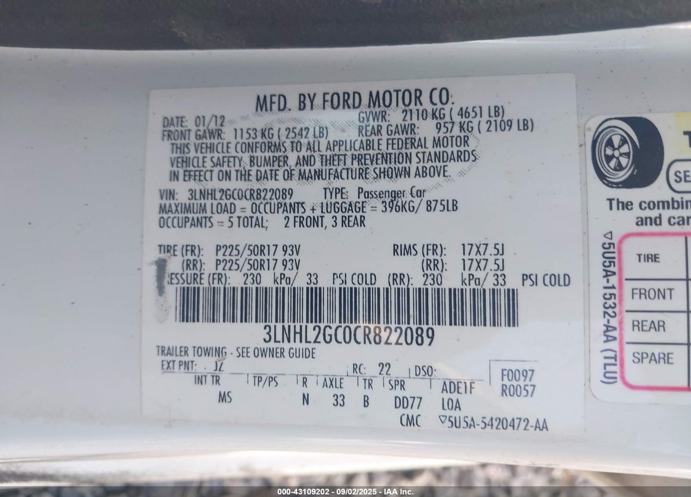 2012 LINCOLN MKZ VIN: 3LNHL2GC0CR822089