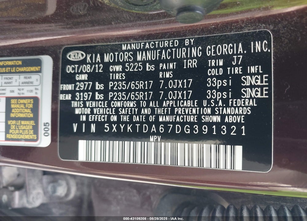 2013 KIA SORENTO LX VIN: 5XYKTDA67DG391321