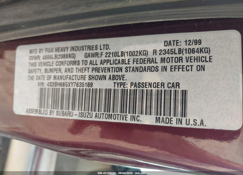 2000 SUBARU OUTBACK VIN: 4S3BH665XY7635169