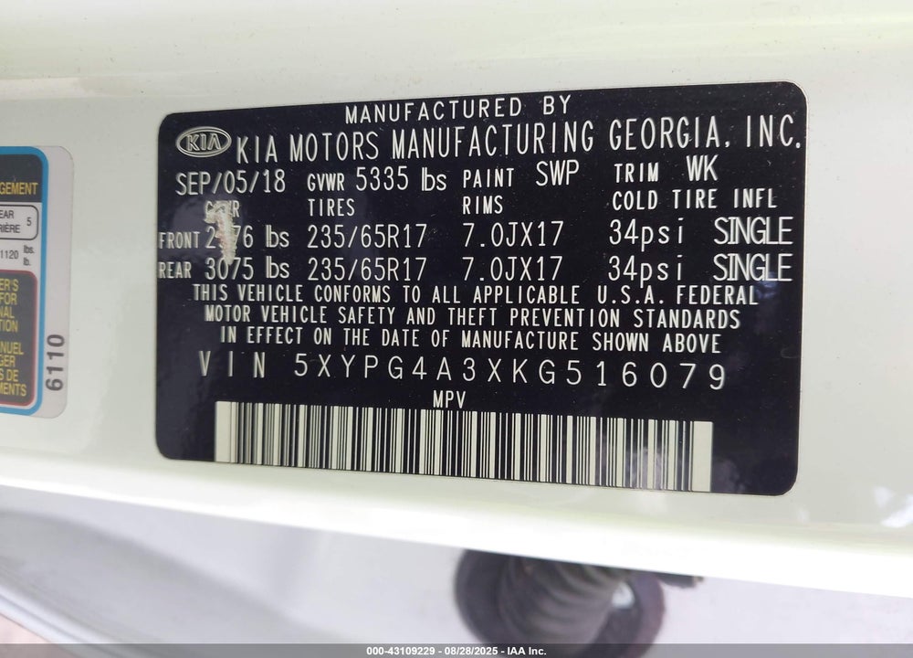 2019 KIA SORENTO VIN: 5XYPG4A3XKG516079