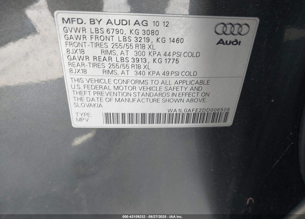2013 AUDI Q7 VIN: WA1LGAFE2DD006506