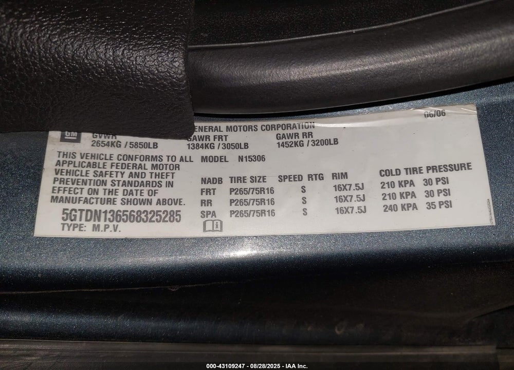 2006 HUMMER H3 VIN: 5GTDN136568325285