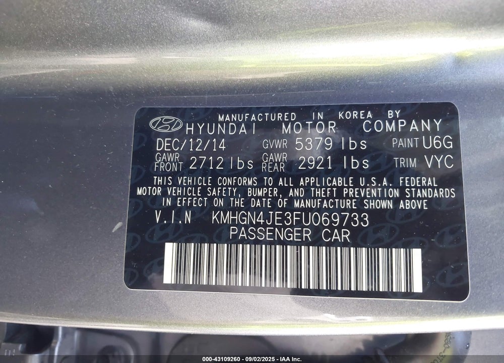 2015 HYUNDAI GENESIS VIN: KMHGN4JE3FU069733