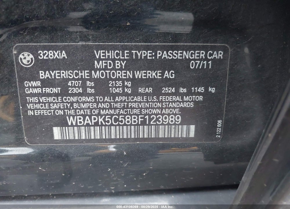 2011 BMW 328I XDRIVE VIN: WBAPK5C58BF123989
