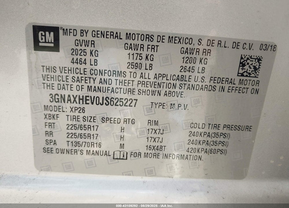 2018 CHEVROLET EQUINOX VIN: 3GNAXHEV0JS625227
